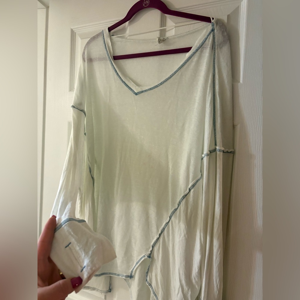 We The Free White V-Neck Top with Blue Trim